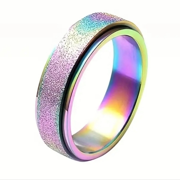 Titanium Stainless Steel ✦ Rainbow Sandblasted Anxiety Spinner Ring Unisex 11 - Picture 6 of 14